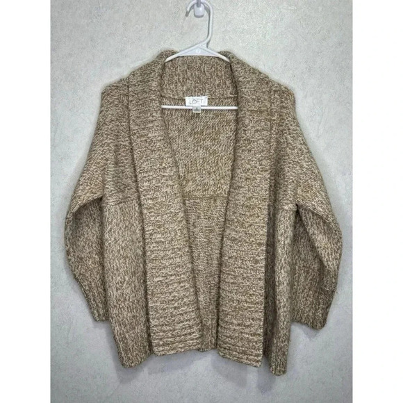 ANN TAYLOR LOFT Sweater Cardigan Tan Chunky Knit Merino Wool Wide Sleeve MEDIUM - Picture 1 of 7